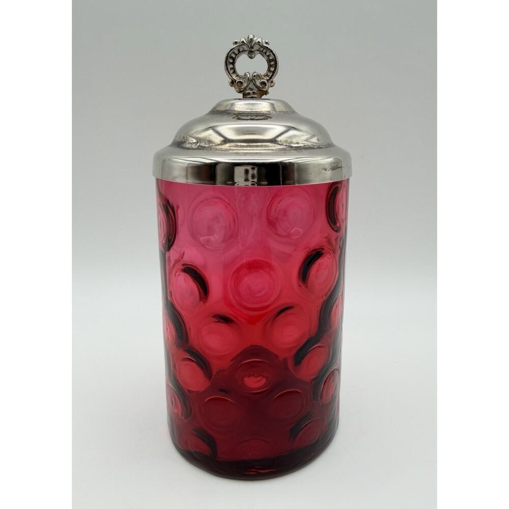 LG Wright Cranberry Glass Reverse Thumbprint Pickle Jar 5” Metal Lid Vintage